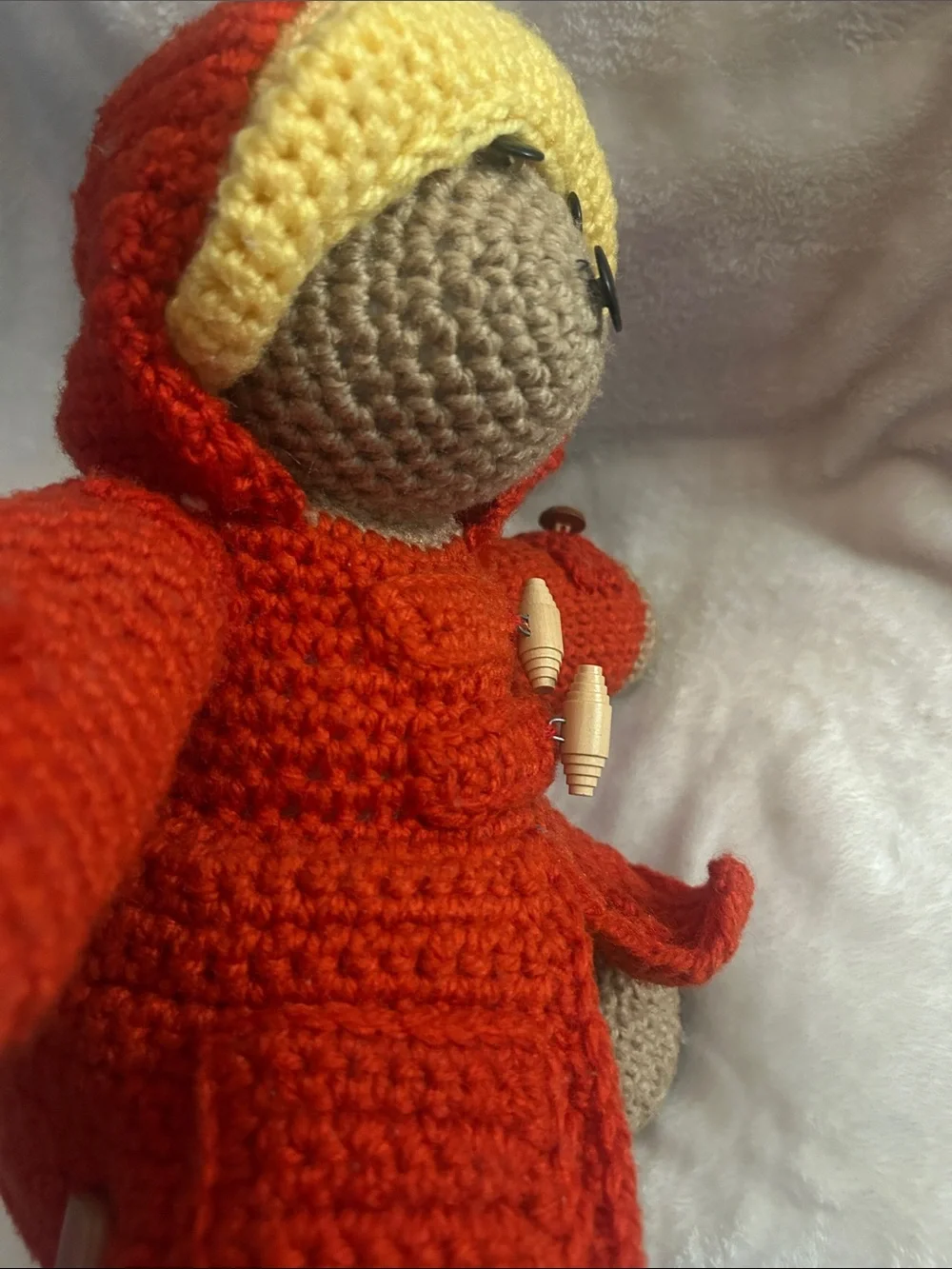 Handmade Crochet Bear in Red Coat with Yellow Hood - Plush Kids Toy
